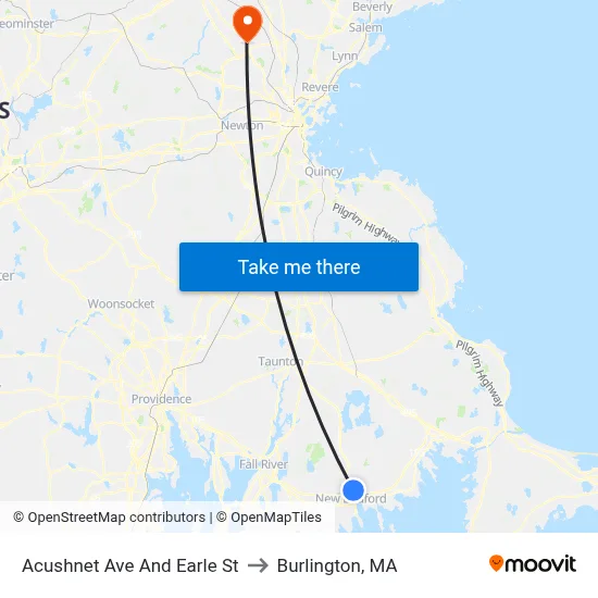 Acushnet Ave And Earle St to Burlington, MA map