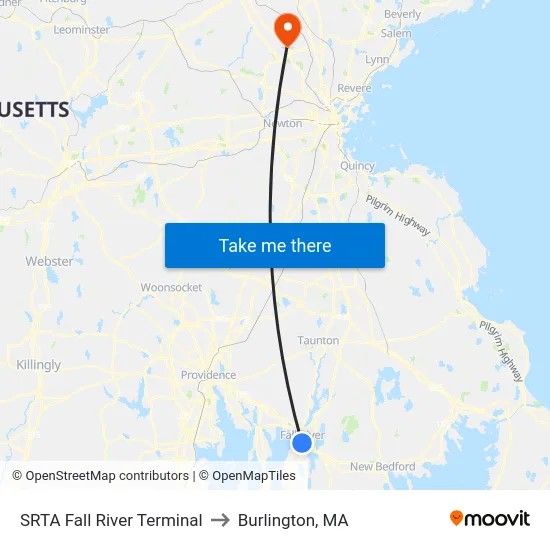 SRTA Fall River Terminal to Burlington, MA map