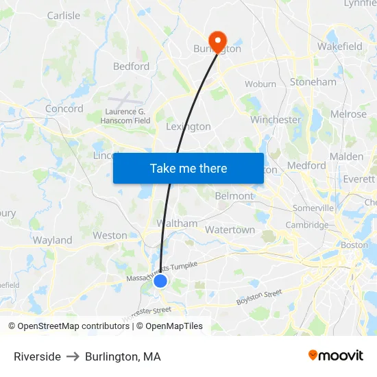 Riverside to Burlington, MA map