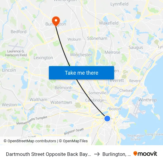 Dartmouth Street Opposite Back Bay Station to Burlington, MA map