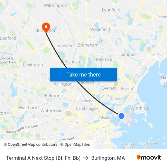 Terminal A Next Stop (Bt, Fh, Bb) to Burlington, MA map