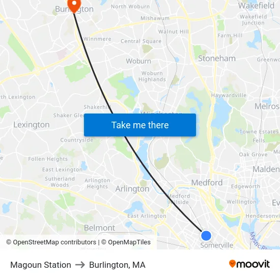 Magoun Station to Burlington, MA map