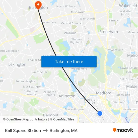 Ball Square Station to Burlington, MA map