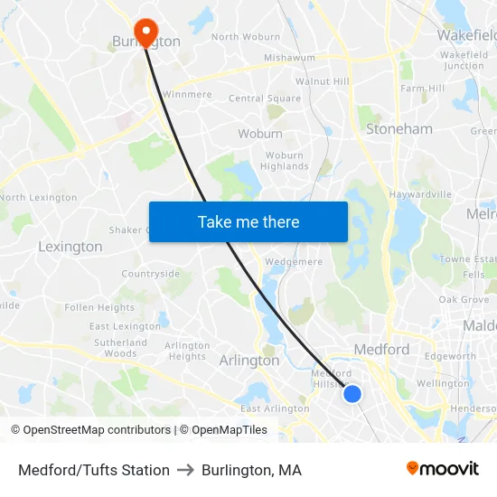 Medford/Tufts Station to Burlington, MA map