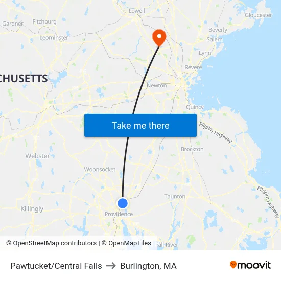 Pawtucket/Central Falls to Burlington, MA map