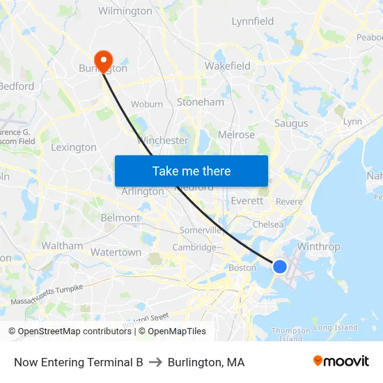 Now Entering Terminal B to Burlington, MA map
