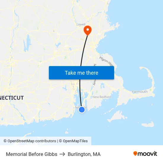 Memorial Before Gibbs to Burlington, MA map