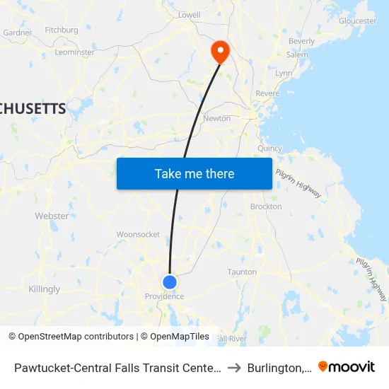 Pawtucket-Central Falls Transit Center (Stop B) to Burlington, MA map