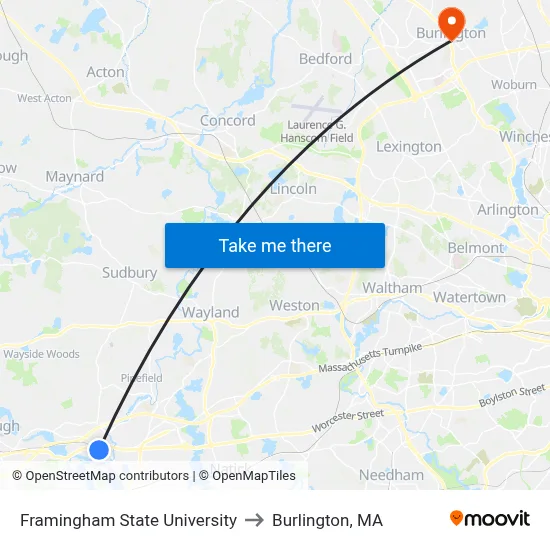 Framingham State University to Burlington, MA map