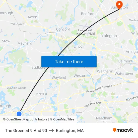 The Green at 9 And 90 to Burlington, MA map