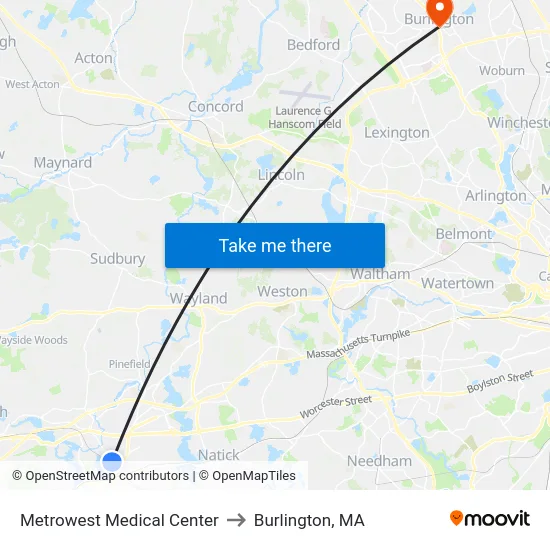 Metrowest Medical Center to Burlington, MA map