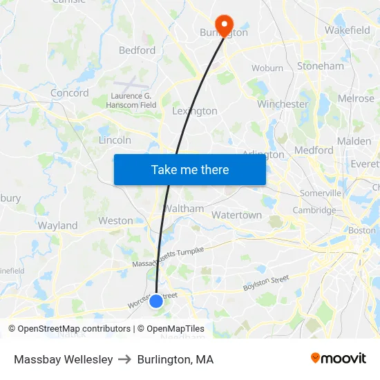 Massbay Wellesley to Burlington, MA map