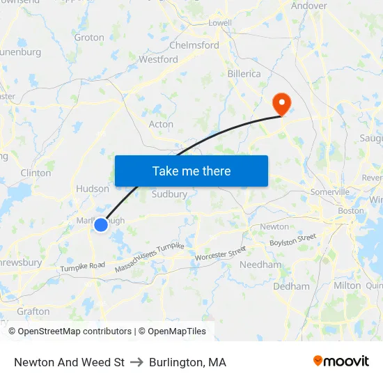 Newton And Weed St to Burlington, MA map