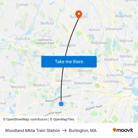 Woodland Mbta Train Station to Burlington, MA map