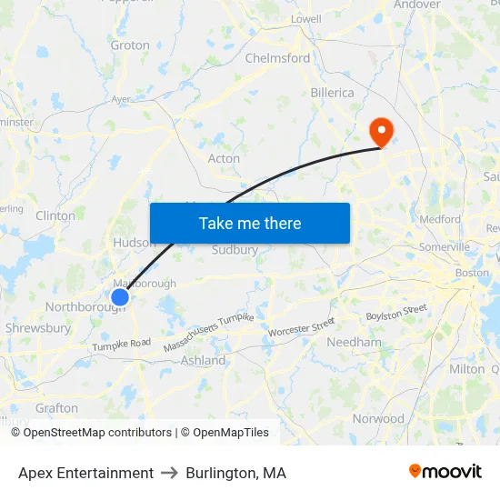 Apex Entertainment to Burlington, MA map