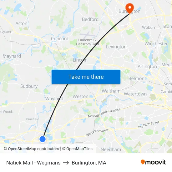 Natick Mall - Wegmans to Burlington, MA map