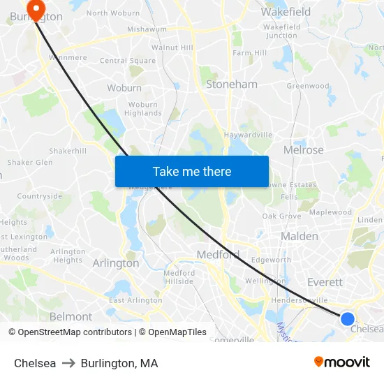 Chelsea to Burlington, MA map