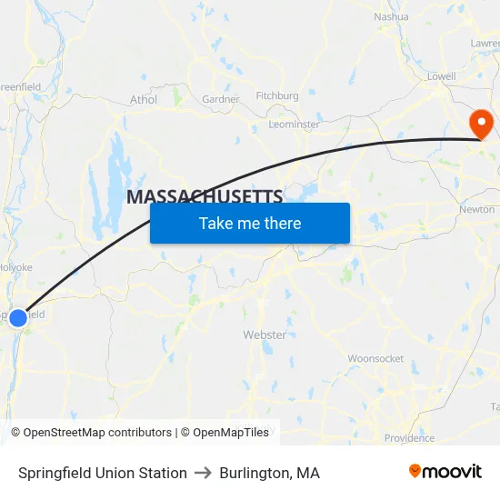 Springfield Union Station to Burlington, MA map