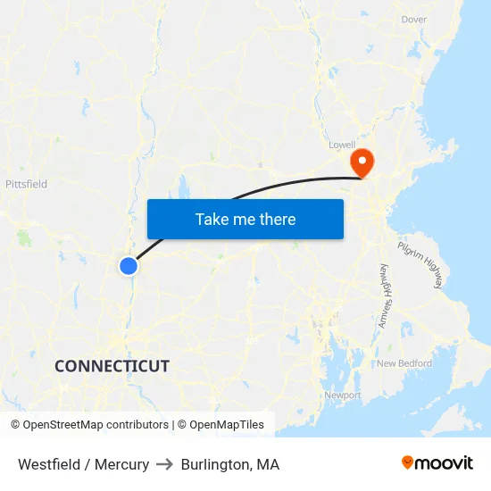 Westfield / Mercury to Burlington, MA map