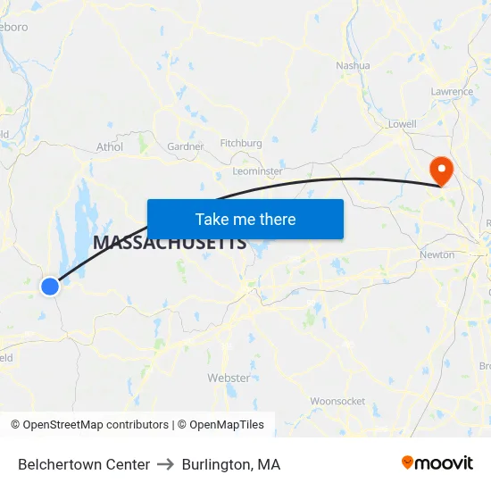 Belchertown Center to Burlington, MA map