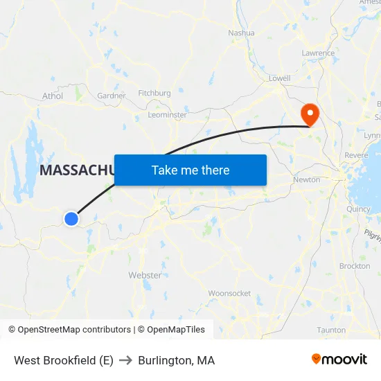 West Brookfield (E) to Burlington, MA map