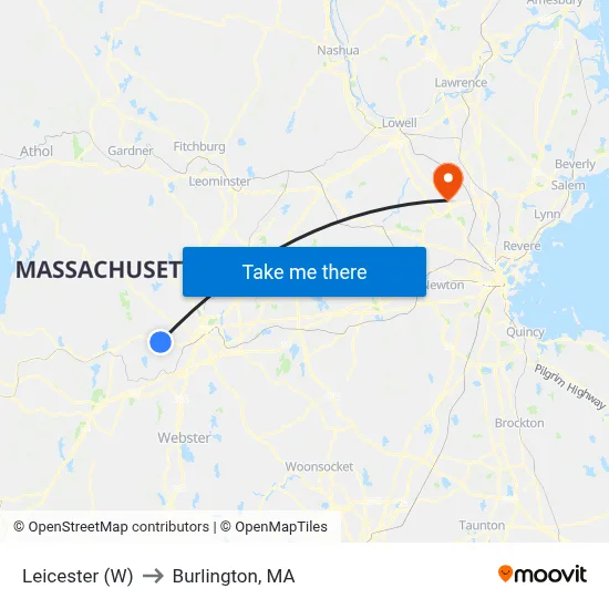 Leicester (W) to Burlington, MA map