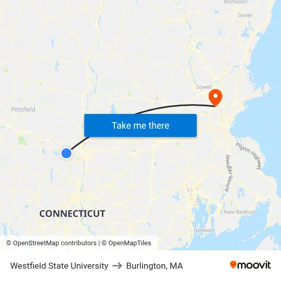 Westfield State University to Burlington, MA map