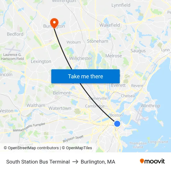 South Station Bus Terminal to Burlington, MA map