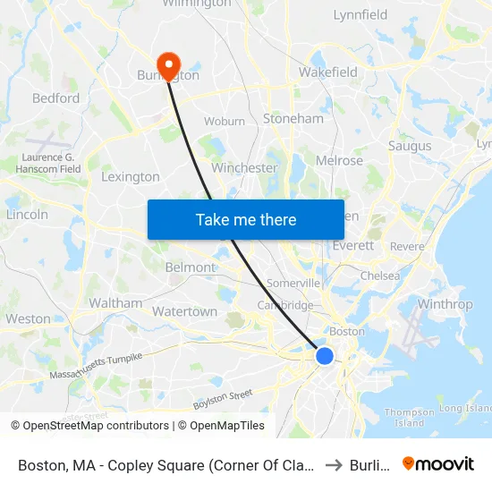 Boston, MA - Copley Square (Corner Of Clarendon St. & St. James Ave. In Front Of Trinity Church) to Burlington, MA map