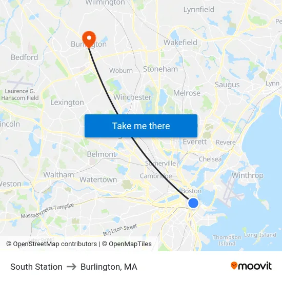 South Station to Burlington, MA map