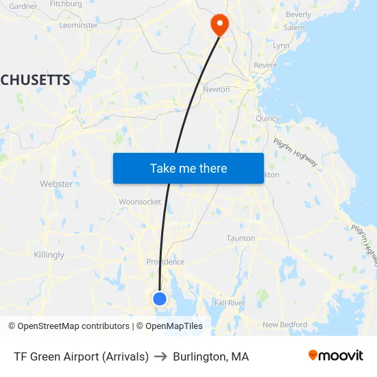 TF Green Airport (Arrivals) to Burlington, MA map