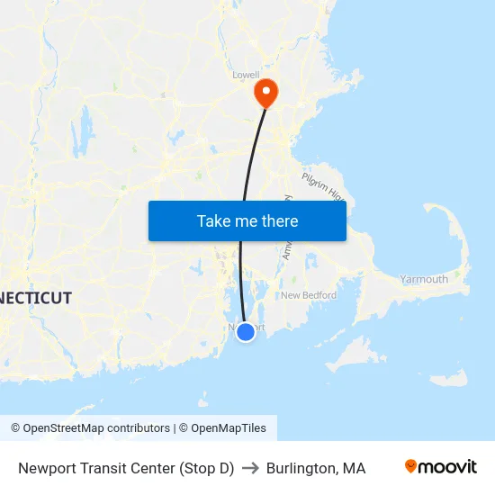 Newport Transit Center (Stop D) to Burlington, MA map