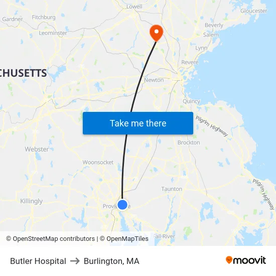 Butler Hospital to Burlington, MA map