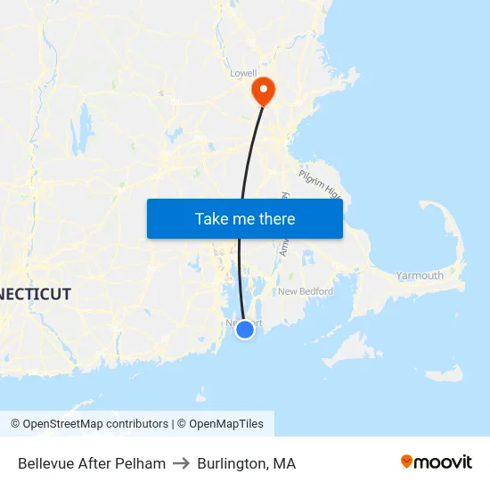 Bellevue After Pelham to Burlington, MA map