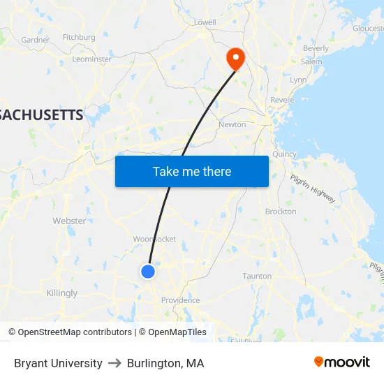 Bryant University to Burlington, MA map