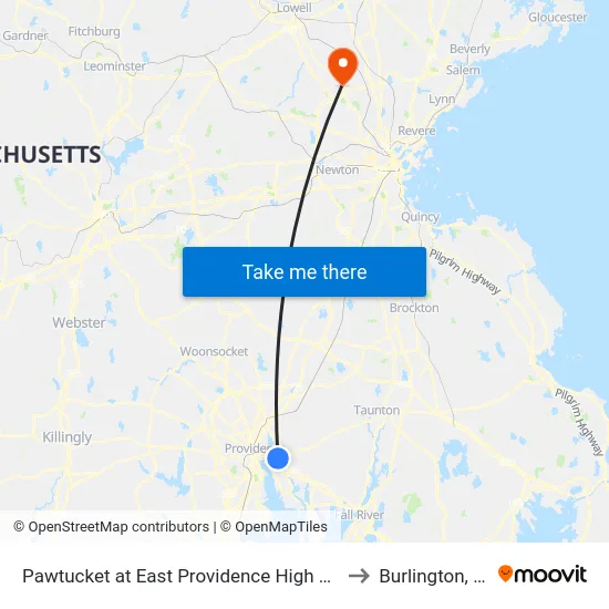Pawtucket at East Providence High School to Burlington, MA map