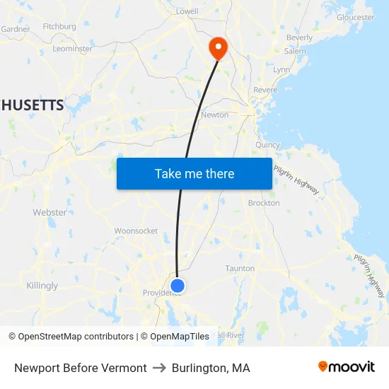 Newport Before Vermont to Burlington, MA map