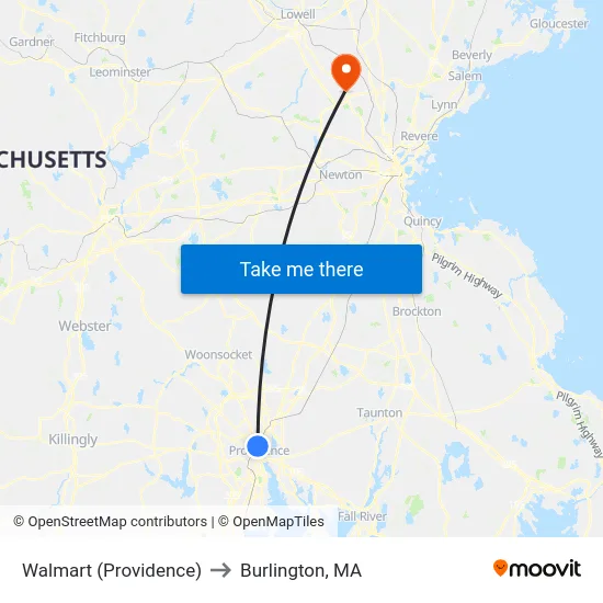 Walmart (Providence) to Burlington, MA map