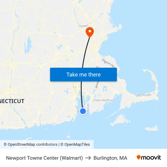 Newport Towne Center (Walmart) to Burlington, MA map