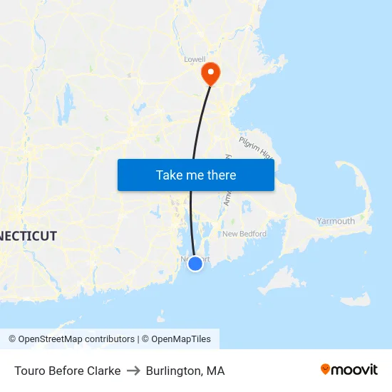 Touro Before Clarke to Burlington, MA map
