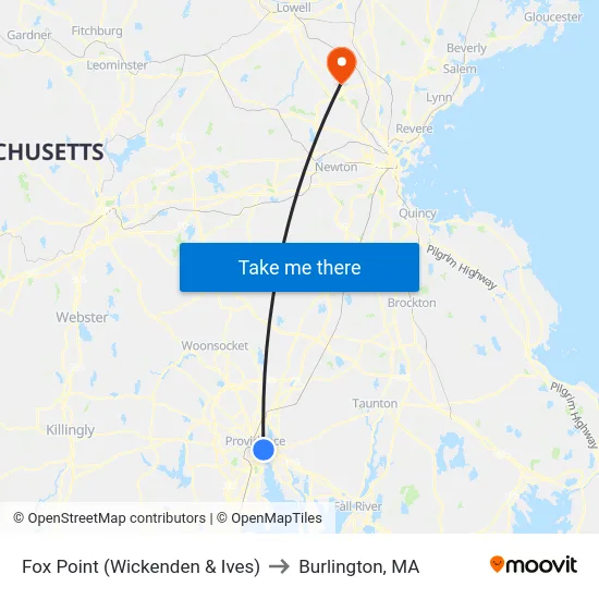 Fox Point (Wickenden & Ives) to Burlington, MA map
