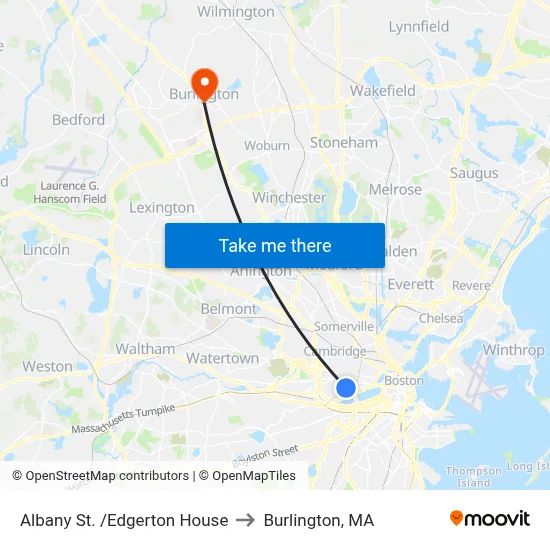Albany St. /Edgerton House to Burlington, MA map