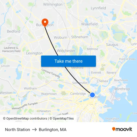 North Station to Burlington, MA map