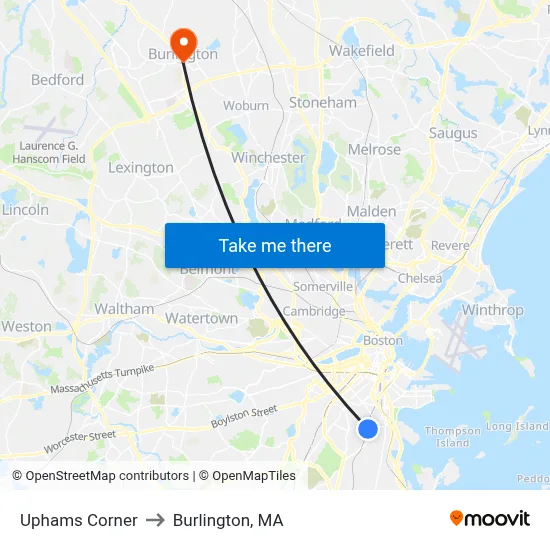 Uphams Corner to Burlington, MA map