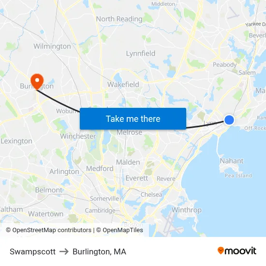 Swampscott to Burlington, MA map