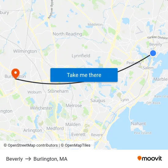 Beverly to Burlington, MA map