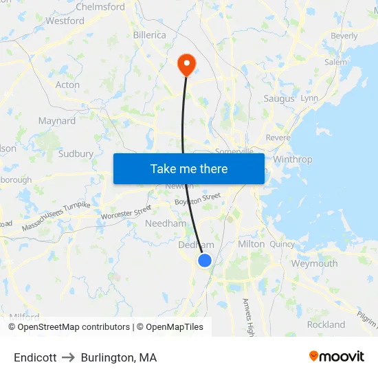 Endicott to Burlington, MA map