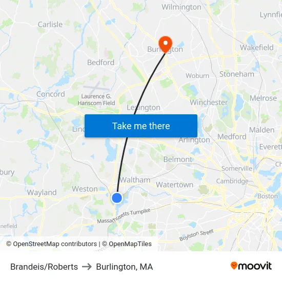 Brandeis/Roberts to Burlington, MA map