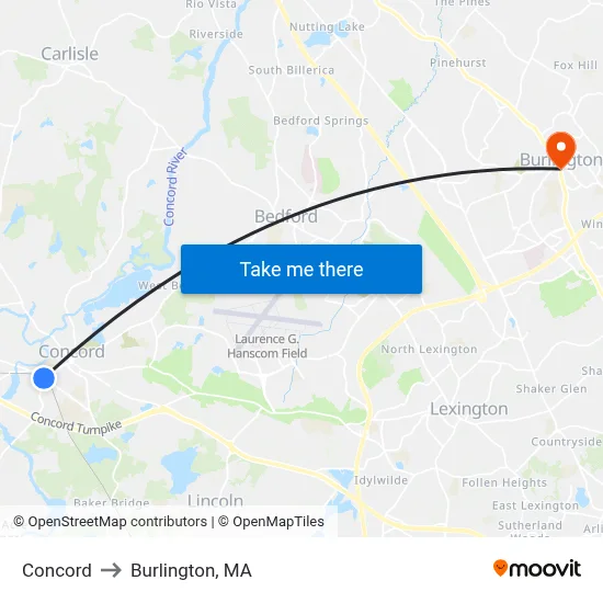 Concord to Burlington, MA map