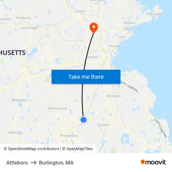 Attleboro to Burlington, MA map